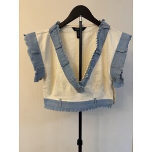 Kroix Cut Off Fringe Twill Crop Top V Neck Sz L Denim Raw Hem Cap Sleeve Sexy